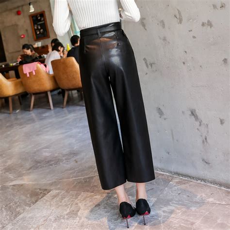 Free Shipping Women Belted High Waist Faux Leather Pants Jkp