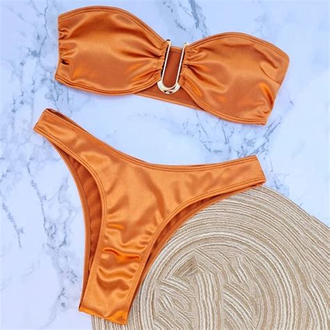 Womens Gold Satin Bikini Set With Front Buckle On Luulla