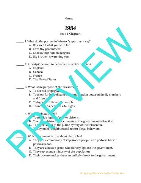 1984 By George Orwell Quiz Book 1 Chapter 1 Teaching Resources