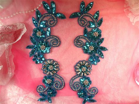 Sequin Appliques Turquoise Silver Beaded Accents Mirror Pair Flower Floral