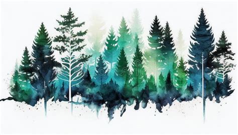 Coniferous Forest Watercolor Illustration Stock Illustration