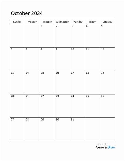 Editable October 2024 Monthly Calendar