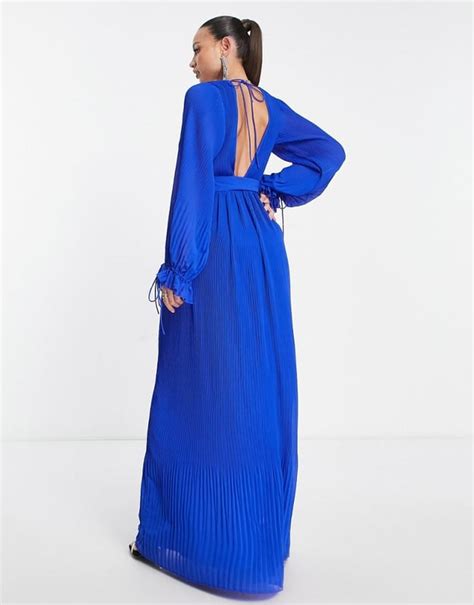 Asos Design Tall Pleated Blouson Sleeve Maxi Dress With Belt Detail In