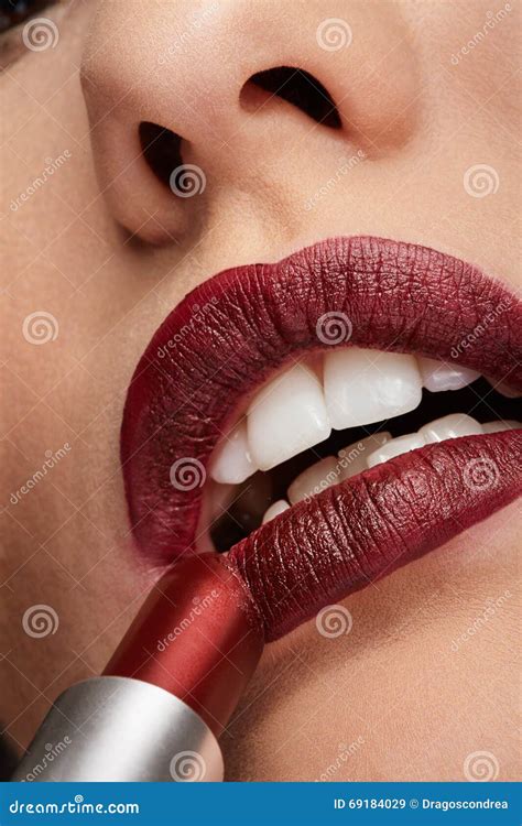 Woman Applying Red Lipstick On Mouth Stock Image Image Of Beauty