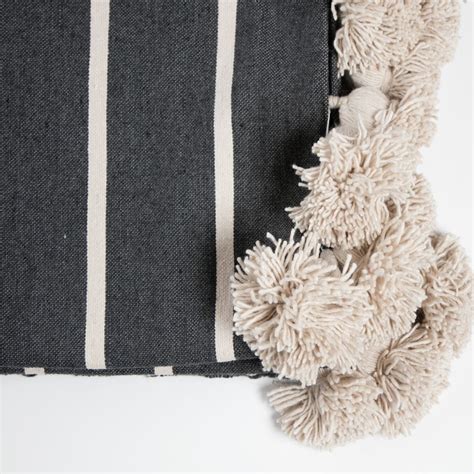 Moroccan Cotton Pom Pom Blanket Slate Grey Natural Maud Interiors