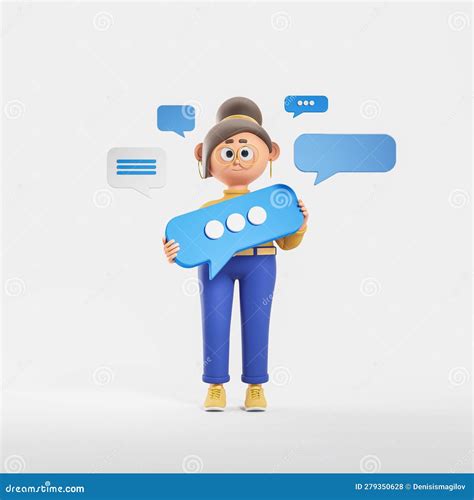 Cartoon Woman Holding Speech Bubble Social Media Stock Illustration