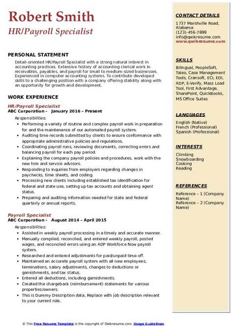 10 Payroll Specialist Resume Samples And Templates For 2025