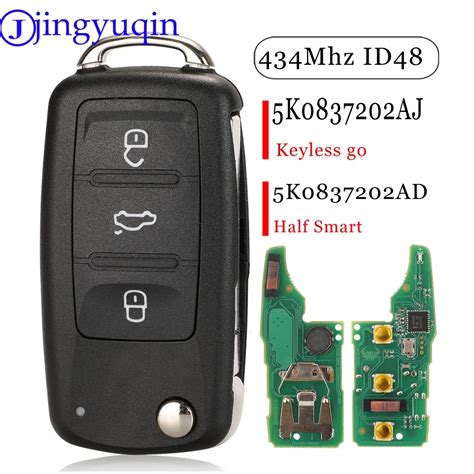 Jingyuqin 3 Buttons Keyless Go 5K0837202AJ 202AD 434MHZ ID48 Remote Key