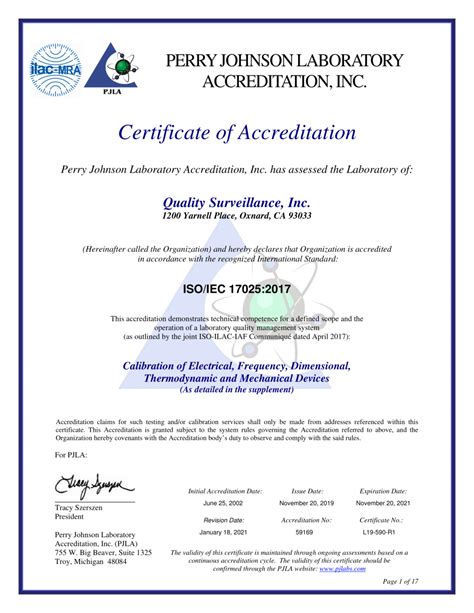 ACCREDITATION Quality Surveillance Inc Metrology Lab Calibration