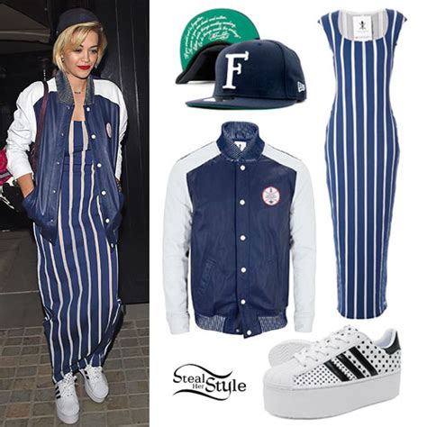 Rita Ora Baseball Jacket Striped Maxi Dress Steal Her Style