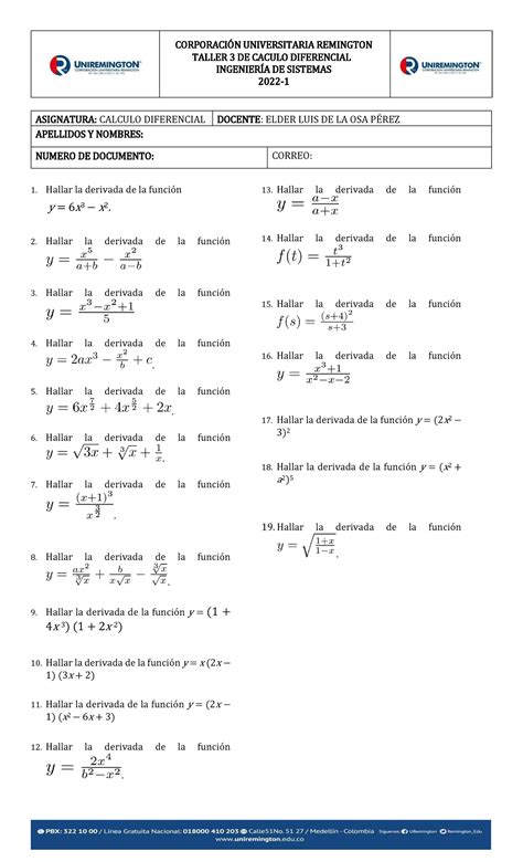 Derivadas Taller Para Estudiar Corporacin Universitaria Remington