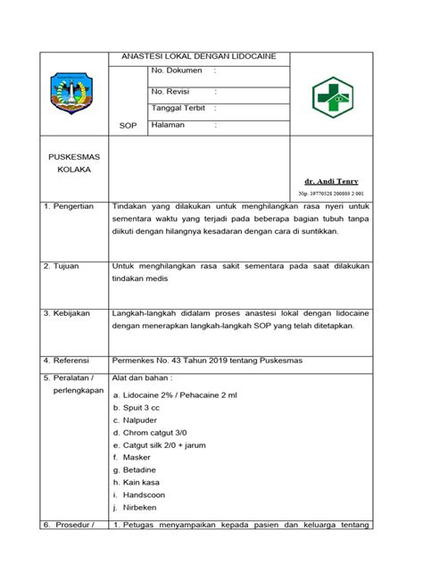 3411 Sop Anastesi Lokal Dengan Lidocaine Pdf Sains And Matematika