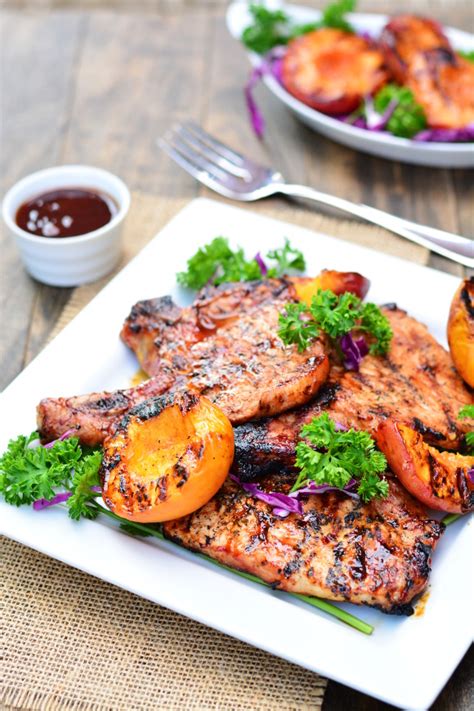 Barbecue Pork Chops With Grilled Peaches Garnish Glaze