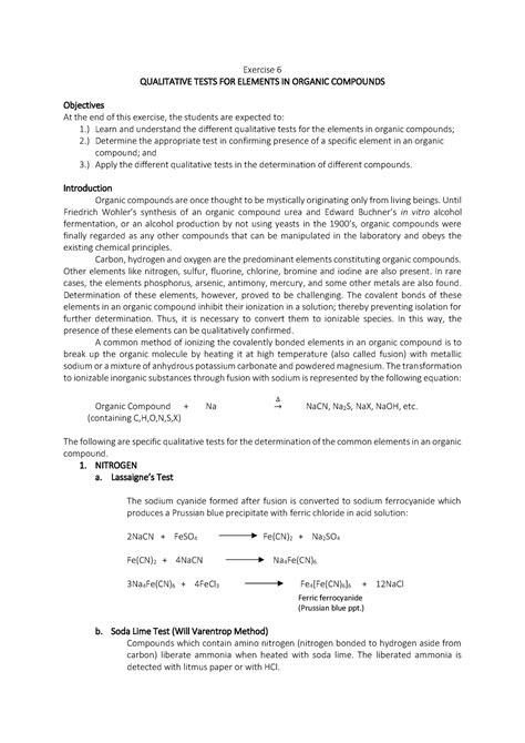 Qualitative Tests For Elements In Organic Compounds Exercise