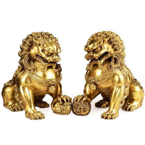 Beijing Lions Pair Fu Foo Dogs Statuesa Pairpure Brass Chinese Feng