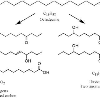 Structure of octadecane and possible structures for compounds found ...