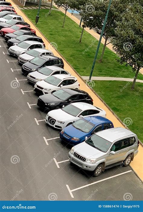 Cars Parked In A Row In A Street Parking Stock Photo Image Of Aerial