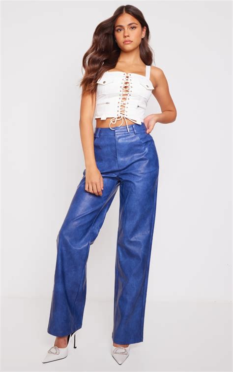 Blue Washed Faux Leather Straight Leg Pants Bottoms