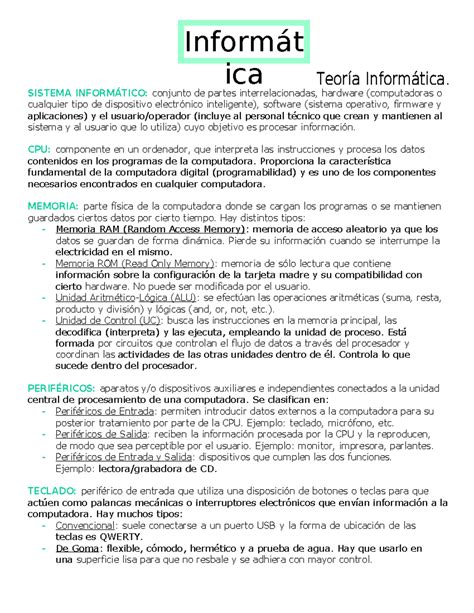 Resumen Informatica Formulas de excel Informát ica SISTEMA