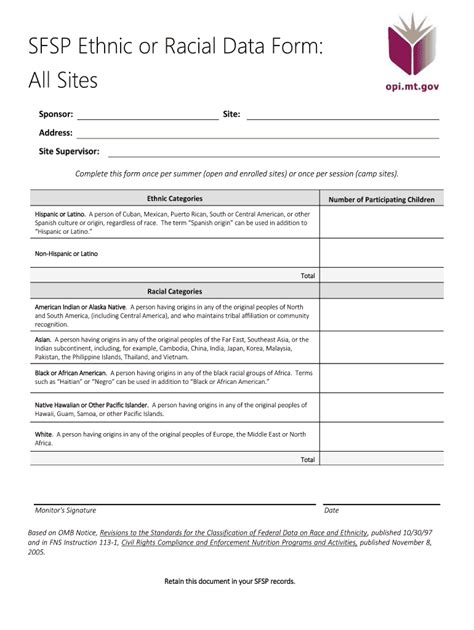 Fillable Online Sfsp Ethnic Or Racial Data Form All Sites Opi Mt Gov