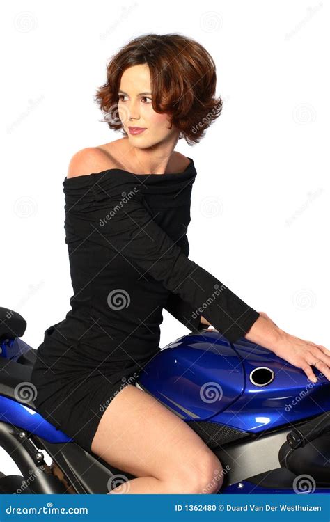 Brunette Girl On Motorcycle Black Dress Stock Photo Image Of Black Sensual