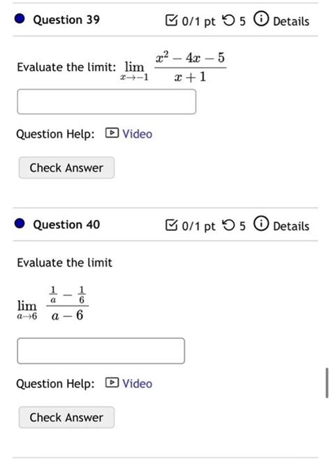 Solved Evaluate The Limit Limx→−1x 1x2−4x−5 Question Help