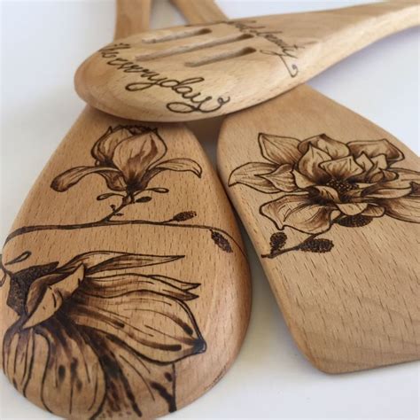 Magnolia Flowers Wood Burned Kitchen Utensils Set Of Three Etsy