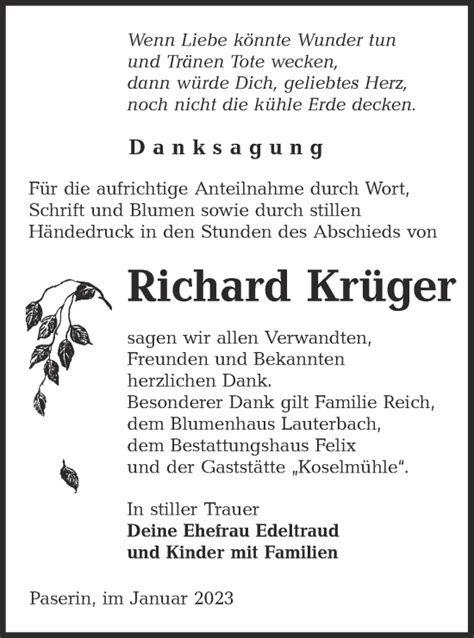 Traueranzeigen von Richard Krüger lr online trauer de