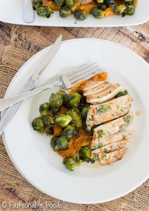 Maple Chicken And Brussels Sprouts With Roasted Sweet Potato Mash