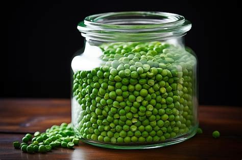 Premium Photo Small Peas In Glass Jar On Wooden Surface Generative AI