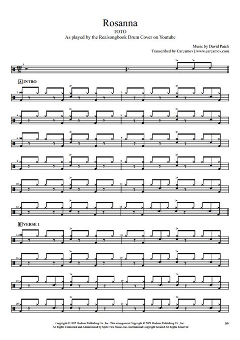 Rosanna Toto Drum Sheet Music Realsongbook Drumsetsheetmusic