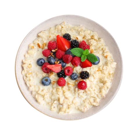 Bowl Of Oatmeal Porridge With Berries Isolated On White Top View Stock