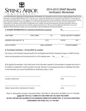 Fillable Online Arbor 2014 2015 SNAP Benefits Verification Worksheet