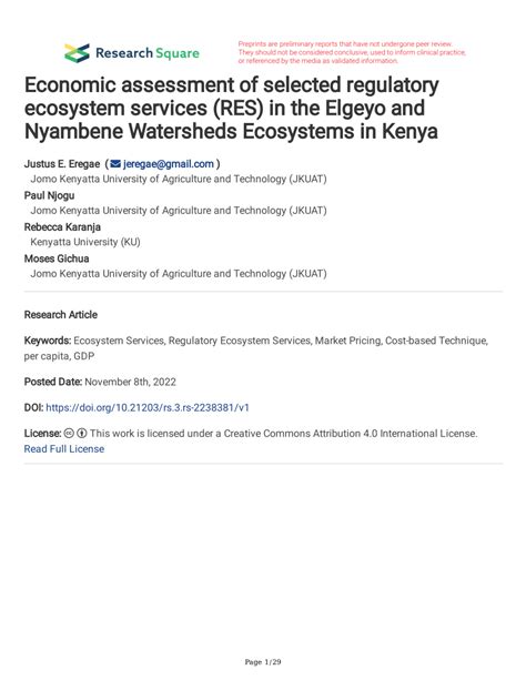 (PDF) Economic assessment of selected regulatory ecosystem services (RES) in the Elgeyo and ...