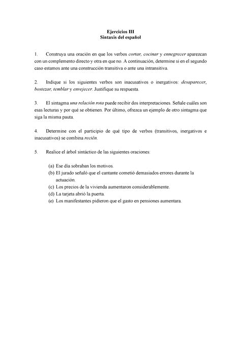 Ejercicios III Práctica de sintaxis del español de cara al examen