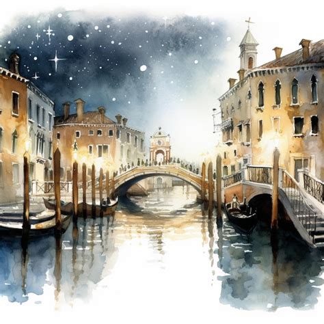 Premium AI Image | Painting of a bridge over a canal with a boat going ...