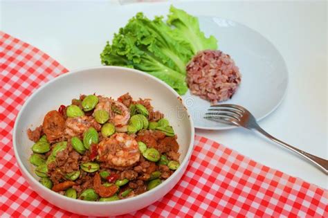 Thai Stir Fried Shrimp With Bitter Bean Or Twisted Bean And Shrimp