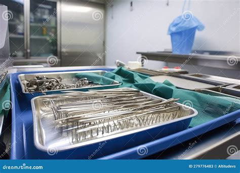 Sterilized Surgical Instruments Carefully Arranged On Sterile Tray