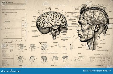 Side View Human Brain Schematic In Retro Sketch Style Beautiful