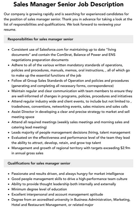 Sales Manager Senior Job Description Velvet Jobs