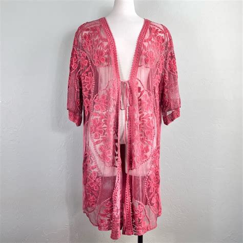 Umgee Kimonos And Yukatas Umgee Pink Embroidered Floral Sheer Kimono