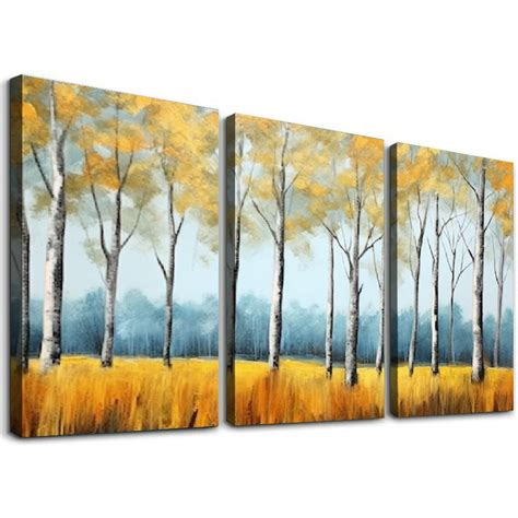 Ulloord Birch Tree Wall Art Canvas Yellow Teal Landscape Painting