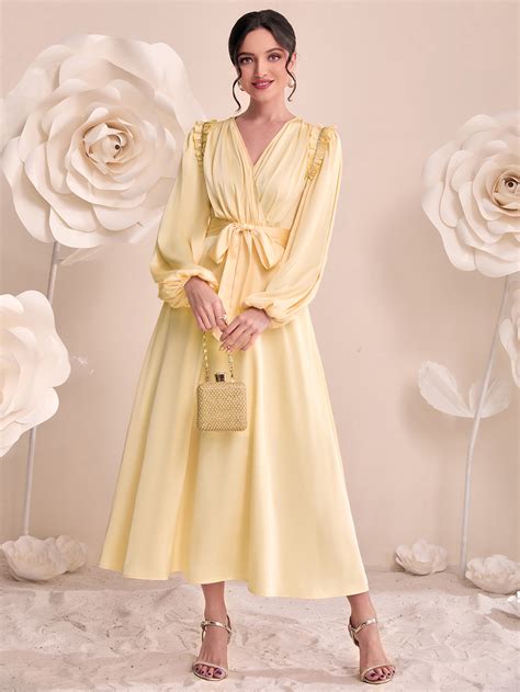 Shein Modely Surplice Neck Lantern Sleeve Belted Satin Dress Shein Uk