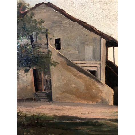 Antico Quadro Dipinto Olio Paesaggio Rurale Cascina Campagna Cortile