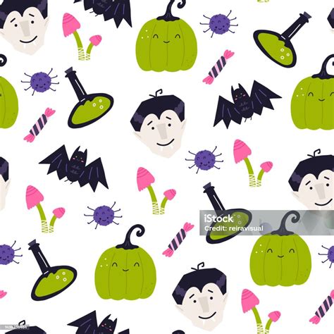 Cute Halloween Seamless Pattern With Vampire Funny Pumpkin Bat And