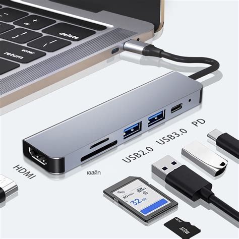 อะแดปเตอร์ฮับ Usb C 6合1 Usb C Hub Adapter 4k Hdmi Rj 45 Usb 3 0sd Tfเครื่องอ่านการ์ด Type C Fast