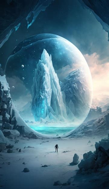 Premium AI Image | A man walking in front of a giant iceberg