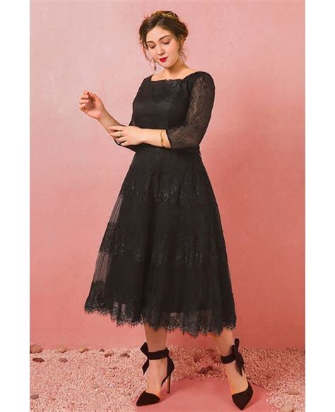 Custom Black Lace Tea Length Special Occasion Dress Square Neck With 3