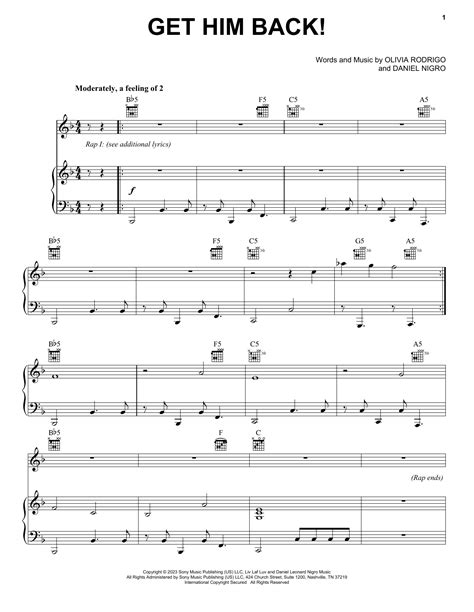 Olivia Rodrigo "get him back!" Sheet Music for Piano, Vocal & Guitar | Download PDF - 1393300