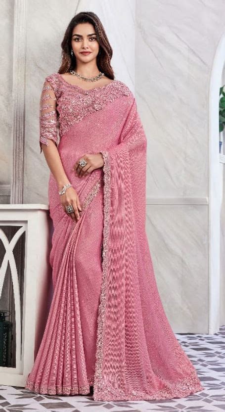 Bridal Wedding Pink And Majenta Color Shimmer Fabric Saree